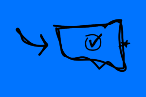 Simple sketch of an arrow pointing to a US map with a checkmark in the middle